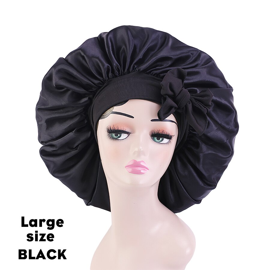 Satin Bonnet Silk Bonnet With Elastic Tie Band Large Adjustable Straps Hair Bonnet Jumbo Size For Sleeping Curly Braid Hair: L BALCK