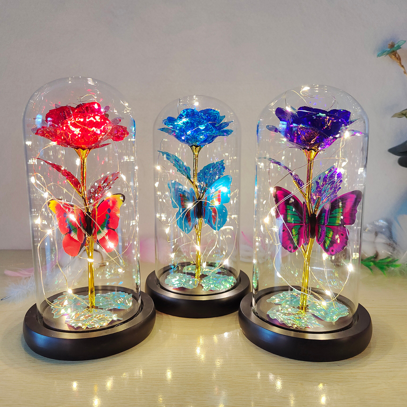 Roze Licht Kunstmatige Galaxy Rose Lamp Met Vlinder En Kleurrijke Led Rozenbloemen In Glazen Batterij Aangedreven Voor Vrouwen