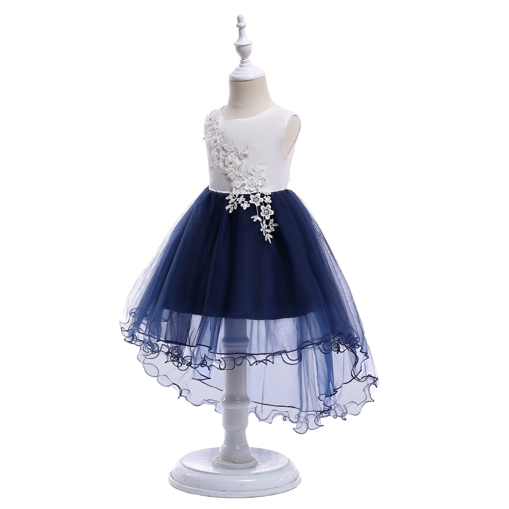 Vestidos de niña de flores de la Marina Alta-baja hasta la rodilla apliques flor niños vestidos de desfile para niñas vestidos de comunión