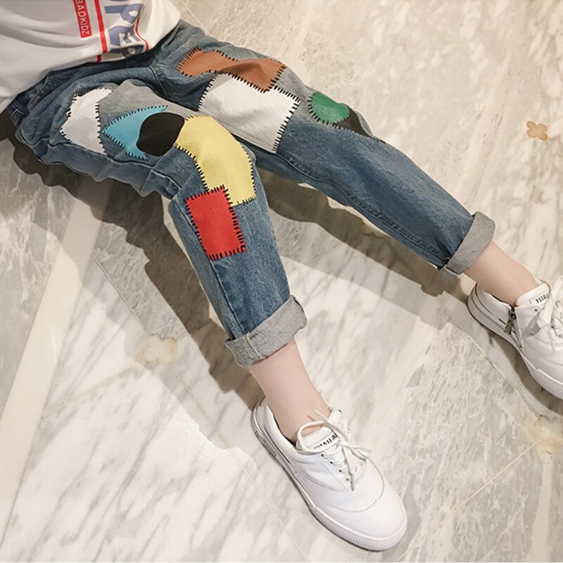 Baby Girl Jeans Summer Geometric Denim Pants Cotton Kids Boys Clothes 3-14Years Teenage Blue Jeans Trousers