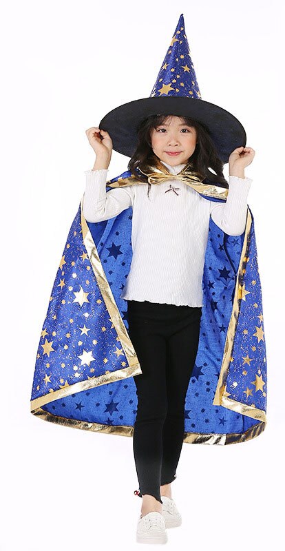 Kostium na bal maskowy czarodziej peleryna czarownicy peleryna szata z kapeluszem na pokaz gry Halloweens magiczne różdżki dla dzieci dzieci: blue star