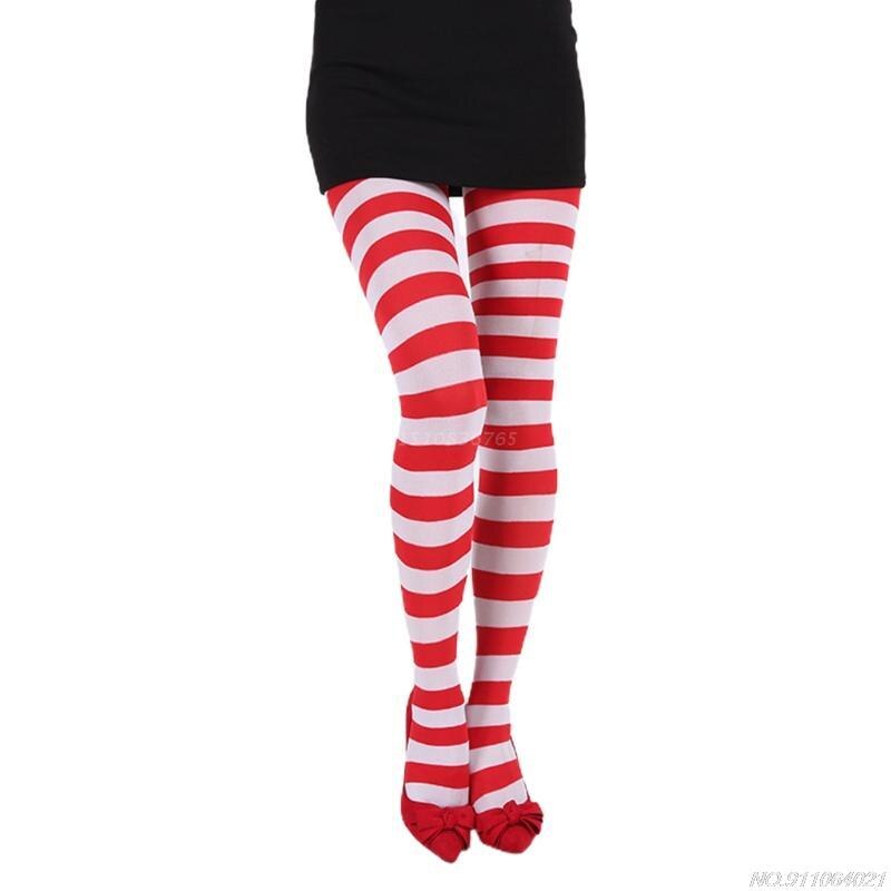 Women Girls Rainbow Multicolor Striped Tights Opaque Stockings Full Length Slim Pantyhose for Christmas Halloween Cosplay au20: Red and white