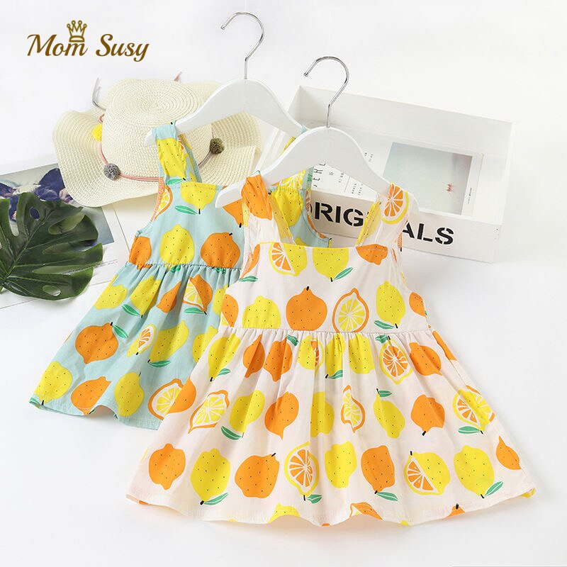 Baby pige kjole citron print sommer spædbørn småbørn pige bomuld citron kjole ærmeløs vesti vestido nyfødt baby tøj