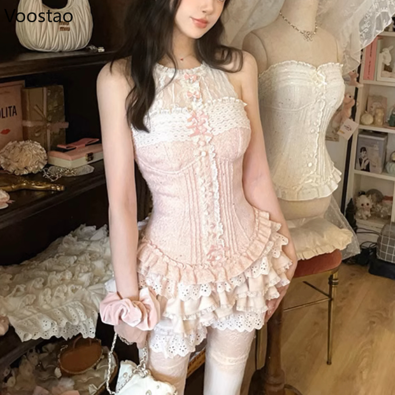 Sweet Lolita Style Princess 2 Piece Sets Women Lace Bow Sleeveless Slim Tops Mini Cake Skirt Suits Female Kawaii Outfits