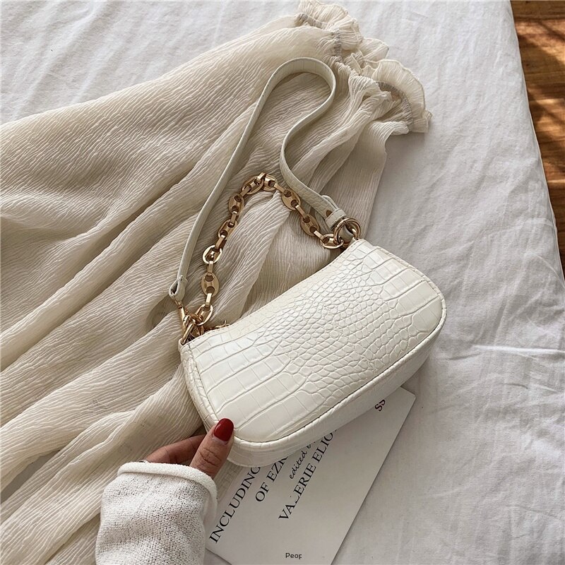 С доставкой krokodille mønster baguette tasker mini pu læder skuldertasker til kvinder kæde luksus håndtaske: Hvid