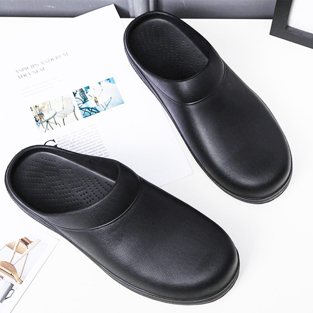 Hvit unisex kjøkken kokk sko verksted sklisikre slitesterke arbeidstøfler hagesko anti skli unisex sko sandaler: Svart / Xxl