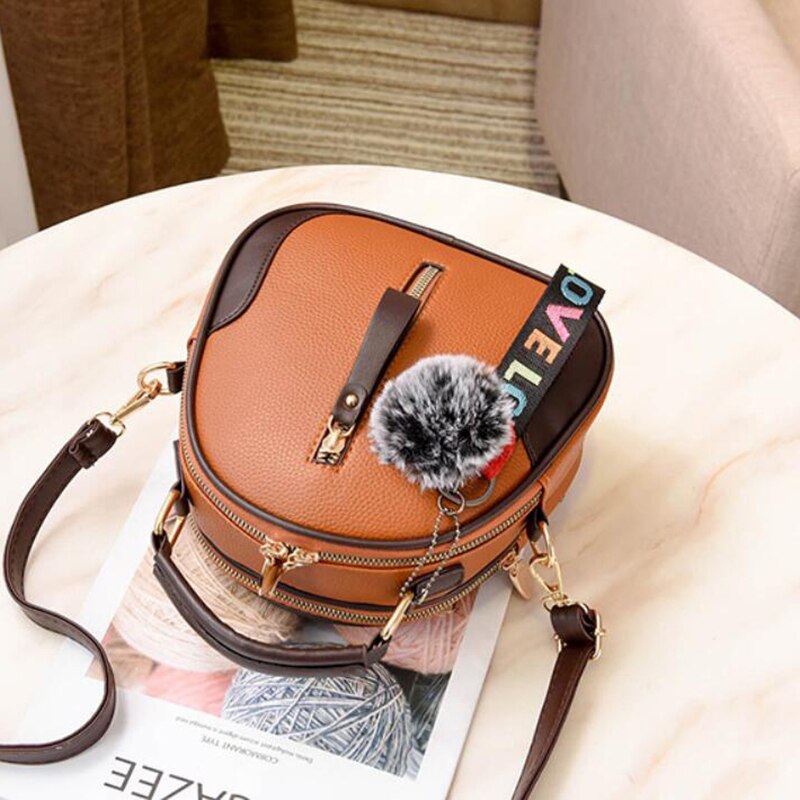 Brand Effen Kleur Vrouwen Shell Tas Draagbare Schoudertas Mode Pu Lederen Elegante Vrouwelijke Tas Met Grijs Haar bal