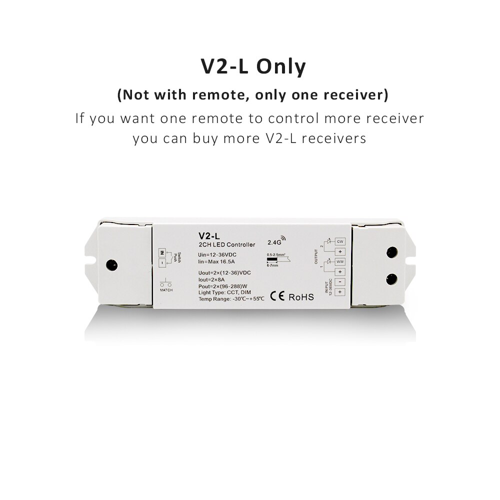 WW CW LED Controller 12V 24V 36V 2CH 16A 2.4G Wireless Remote Control RF LED Dimmer Switch for CCT Daul White LED Strip Light: V2-L Only