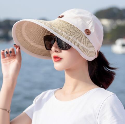 Solhatte kvinder stor bred skygge floppy sommer strand solhat kasket knap stråhat sommerhatte til kvinder anti-uv visir