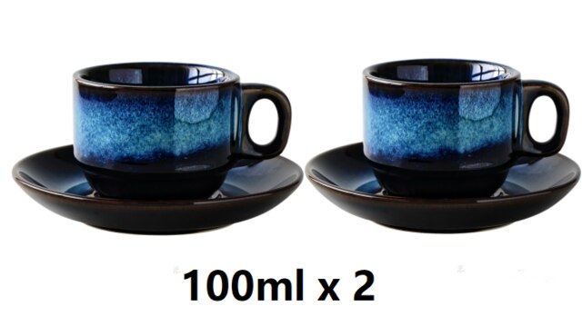Fashionable porcelain craftsman ceramic coffee cup and dish set breakfast cup afternoon tea Japanese simple Blue: 100ml(2pcs)