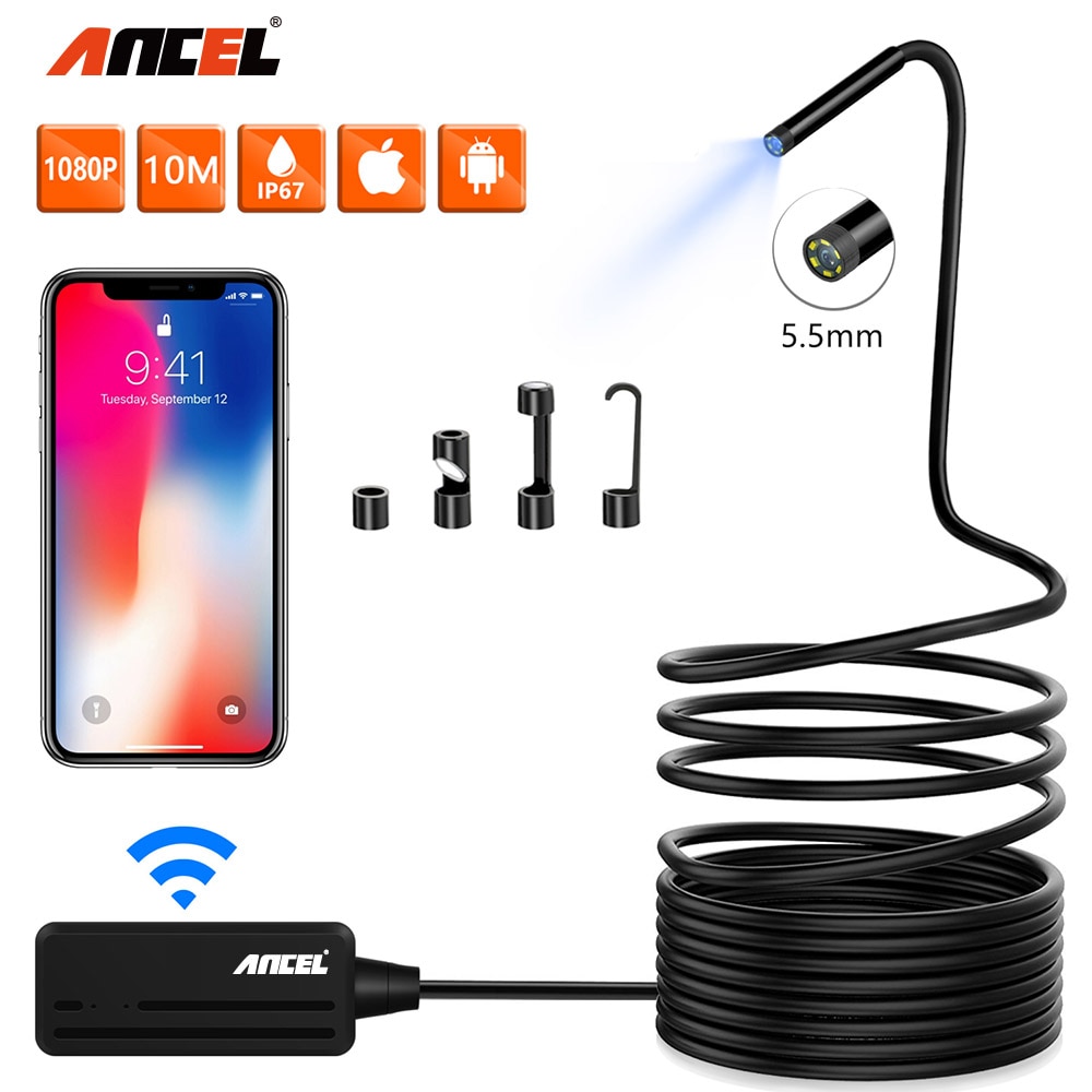 Ancel wifi 10m endoskop kamera 5.5mm hd 6500k vattentät halvstyv borescope inspektionskamera för android pc ios