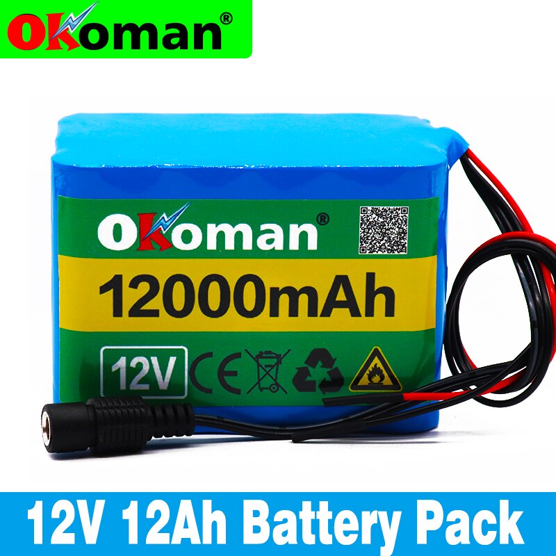 Okoman 12V 12Ah 18650 lithium battery 12.6V 12000mAh rechargeable battery with BMS for 75 W LED xenon lamp