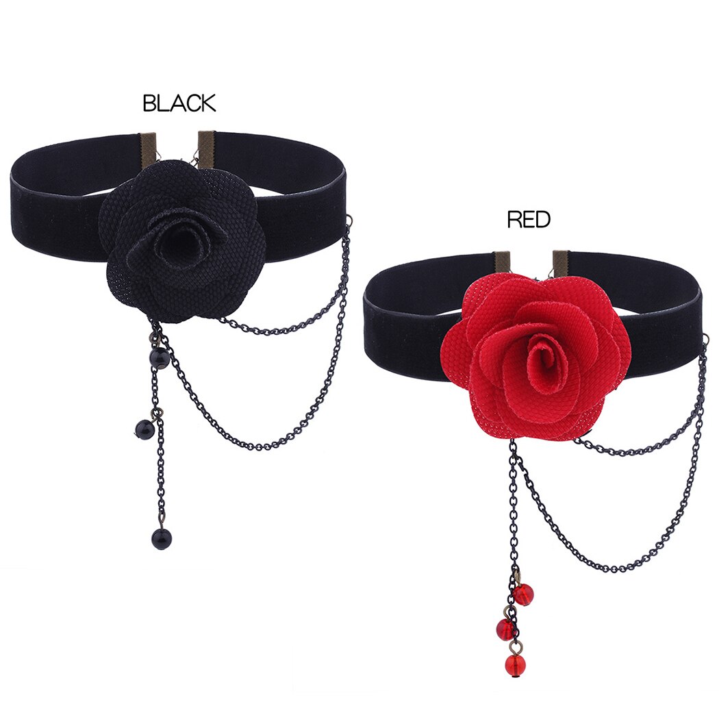 Red Rose Black Choker Flower Chain Decor Choker Necklace Gothic Choker for Women Halloween Nightclub Party Accessories