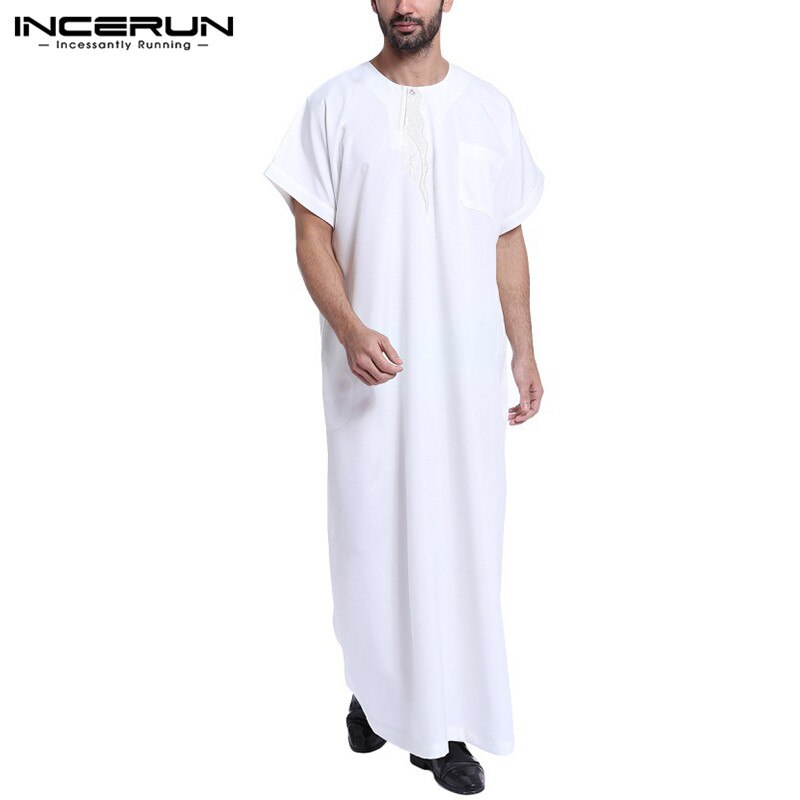 Indiase Kleding Heren Dress Loungewear Moslim Badjas Gown Lounge Saudi Arabische Islamitische Thobe Gewaad Kaftan Korte Mouw Thobe: White / XXL