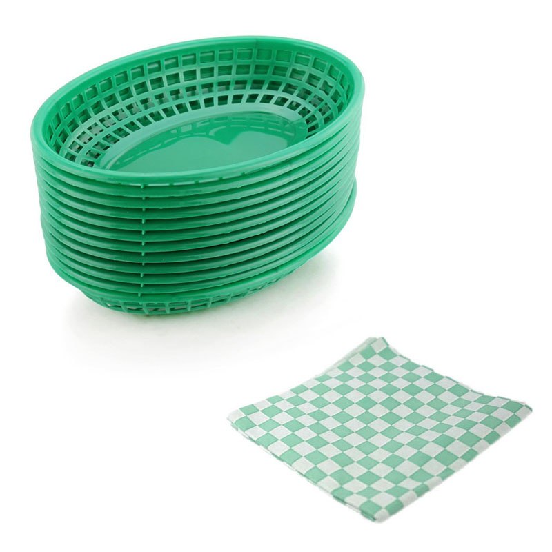 12 st plast oval mat servering korg och 24 st burger omslagspapper pommes frites korg plast picknick tallrik brödpapper