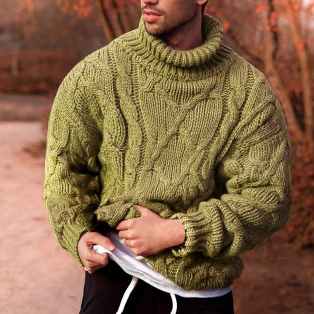 Pull à col roulé pour homme, pull chaud, épais, couleur unie, manches longues, tricot torsadé, décontracté, automne hiver