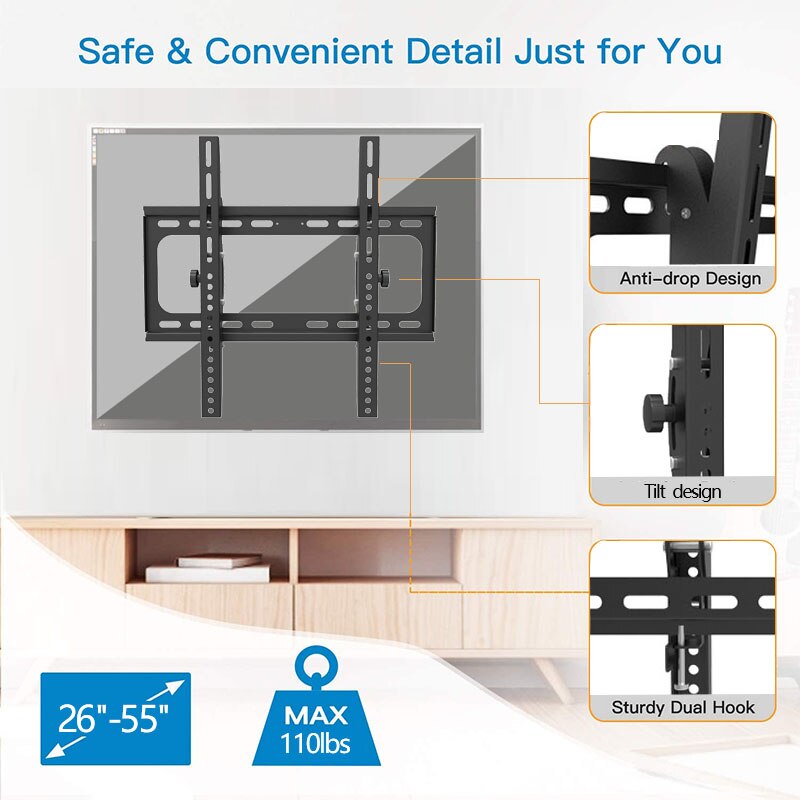 TV Mount for 26-55 Inch TVs, Universal Tilt TV Wall Mount Bracket Fits 26&quot;, 32&quot;, 55&quot; Loading 110 Lbs Low Profile Wall Mounts