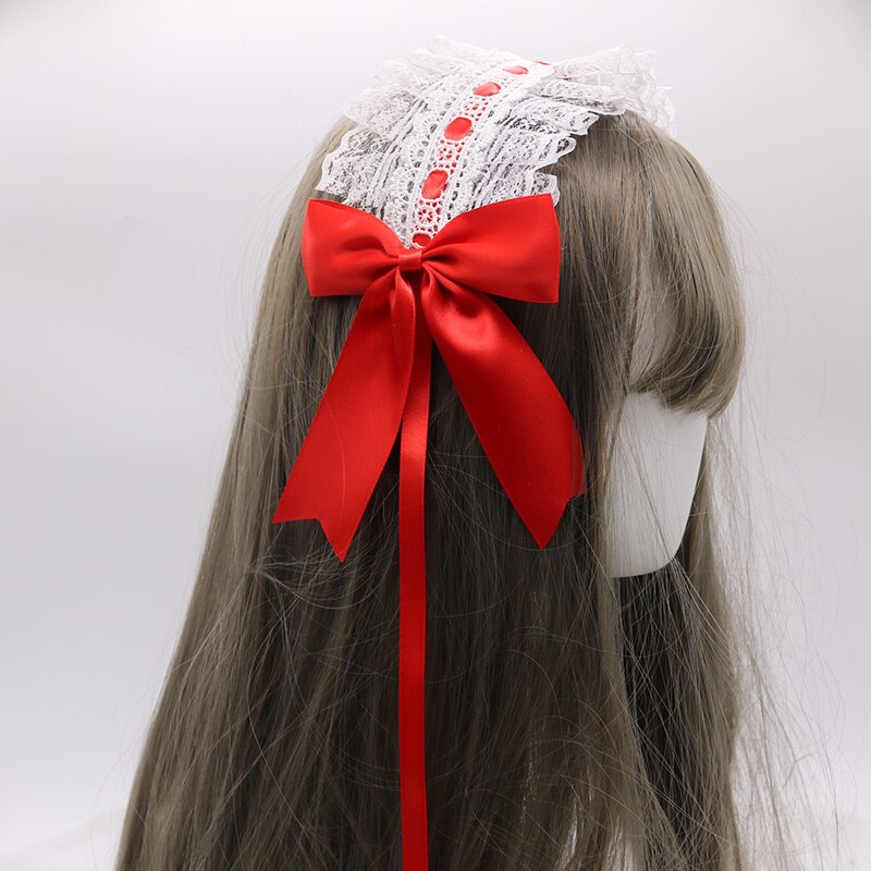 Petit bandeau Lolita japonais fait à la main, ornement pour cheveux de femme de ménage, clip latéral, accessoires pour cheveux doux: White Lace And Red