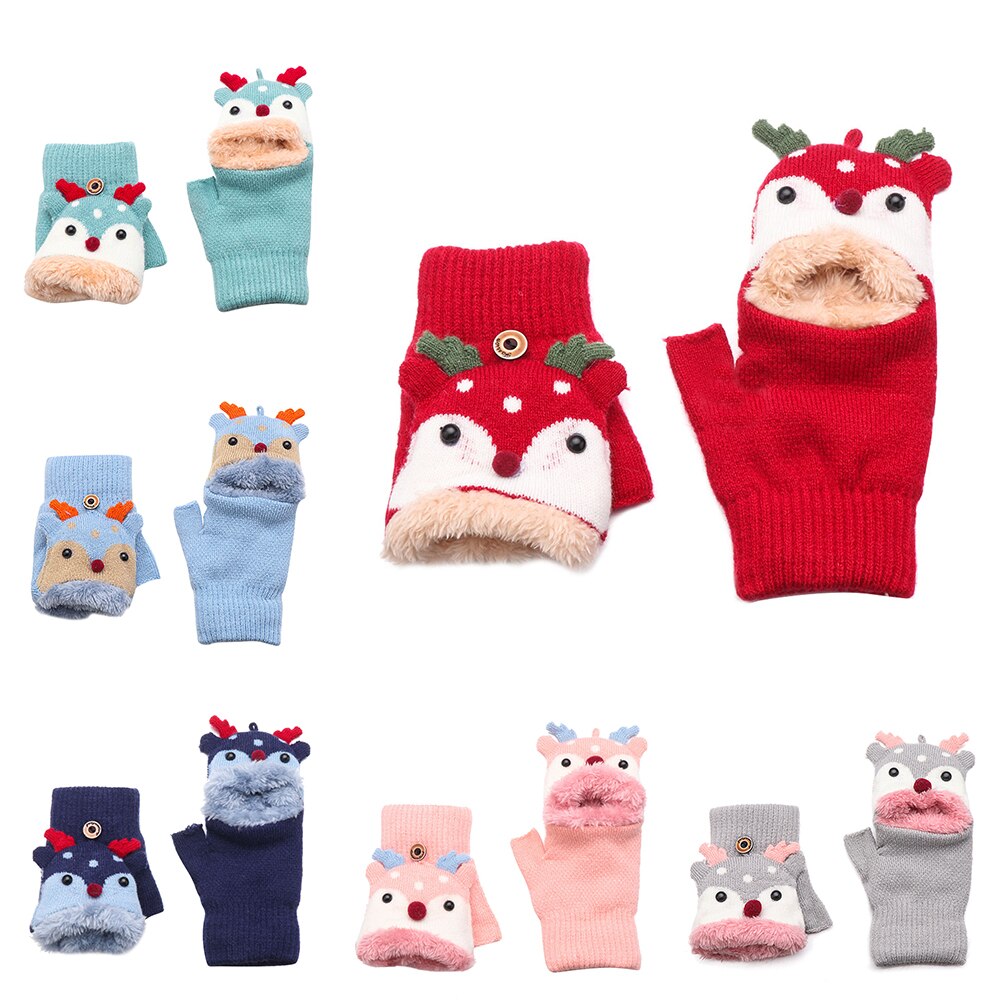 Mignon cerf Plus velours rembourré gants dessin animé maternelle bébé tricoté mitaines sans doigts gants chauds pour les enfants de 3-7 ans