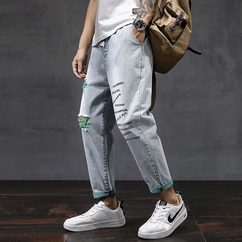 Pantalones vaqueros rectos rasgados para hombre, pantalones largos de , ropa de calle, pantalones bombachos ajustados, mallas recortadas verdes para hombre, otoño