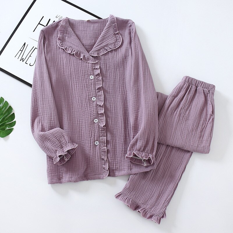 Spring Pajamas Women Long Sleeve Cotton Sleepwear Princess Style Sweet Pure Color Thin Loungewear 2 Piece Nightwear Home Suit: Purple / M