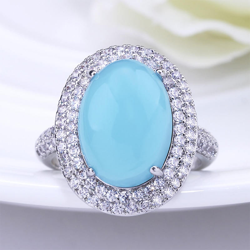 Luxury Big Blue Oval Moonstone Ring For Women Girl Crystal Silver Color Rings Wedding Engagement Jewelry Anillos Mujer