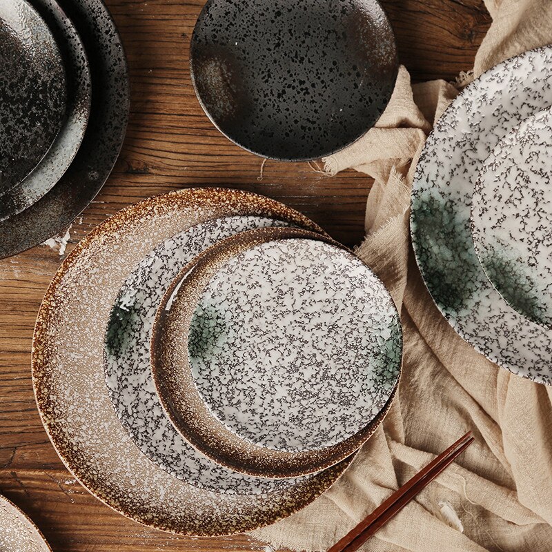 Japanese Style Ceramic Retro Dessert Dish Vintage Dinner Plate Home Kitchen Breakfast Steak Plate Restaurant Dinnerware