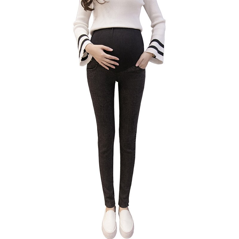 Denim jeans gravida kvinnor vår höst gravid mage leggings hög elastisk amning långbyxor för graviditetsbyxor: Ingen sammetssvart / Xl