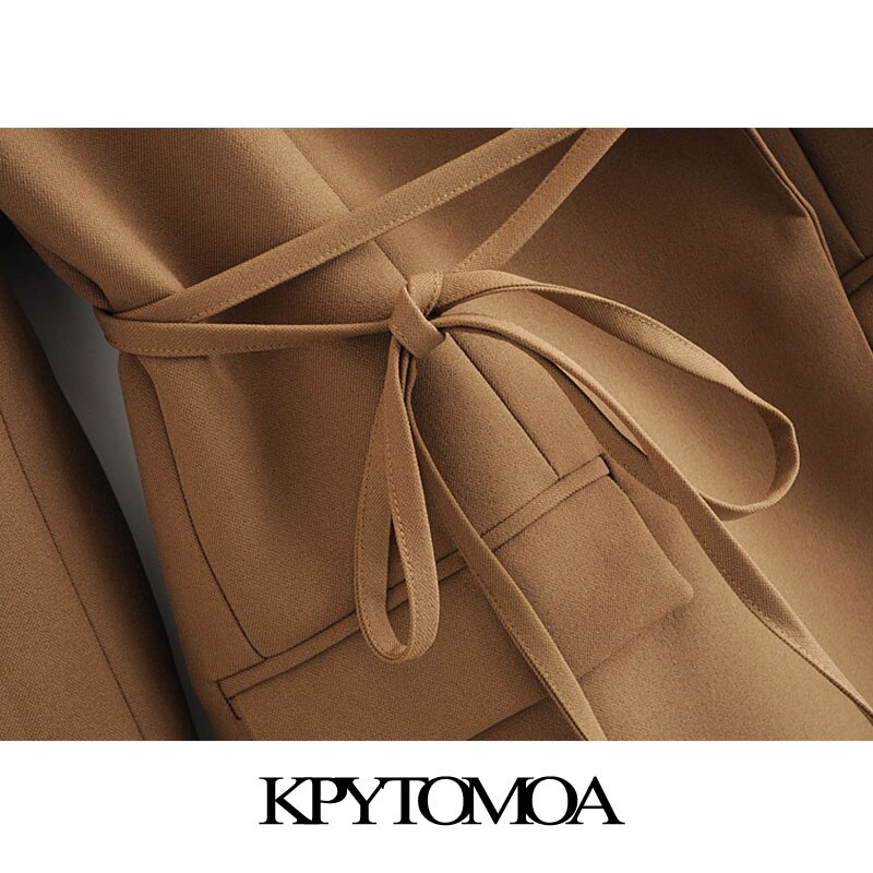 KPYTOMOA Women With Tied Wrap Blazers Coat Vintage Long Sleeve Pockets Female Outerwear Chic Tops