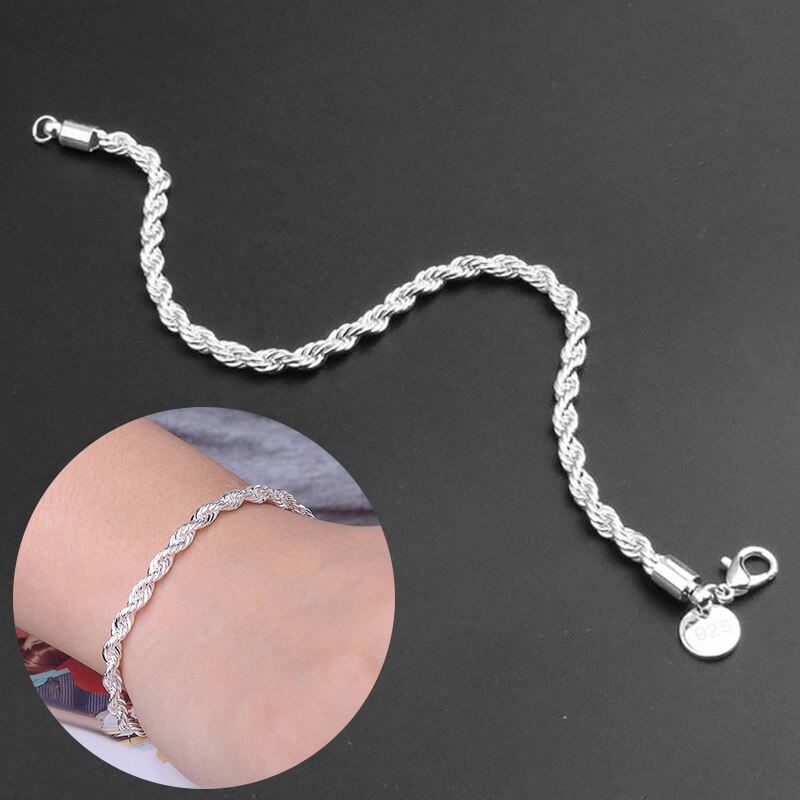 Bracelet torsadé pour femmes et hommes, chaîne en corde de 4mm, plaqué argent, bijoux pour de mariage