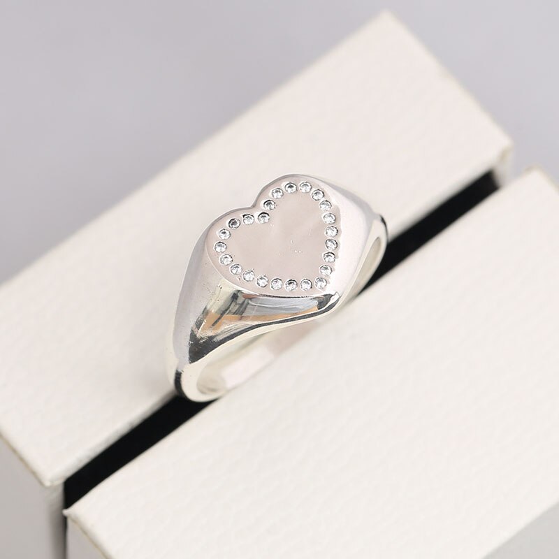 Genuine 925 Sterling Silver Heart Signet CZ Ring Compatible With European Jewelry