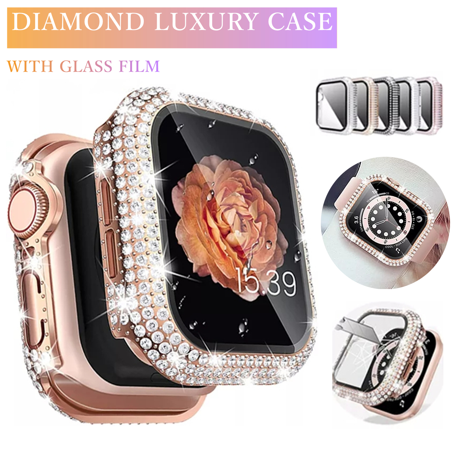 Diamonds Luxury Watch Case +Tempered Glass for Apple Watch Cases 44mm 40mm 42mm 38mm Full Bumper for iWatch Series 6 SE 5 4 3 2