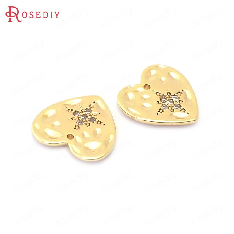 (38817)4 pçs 12x12mm 24 k ouro cor bronze e zircão com estrela coração encantos pingentes jóias que fazem suprimentos diy acessórios