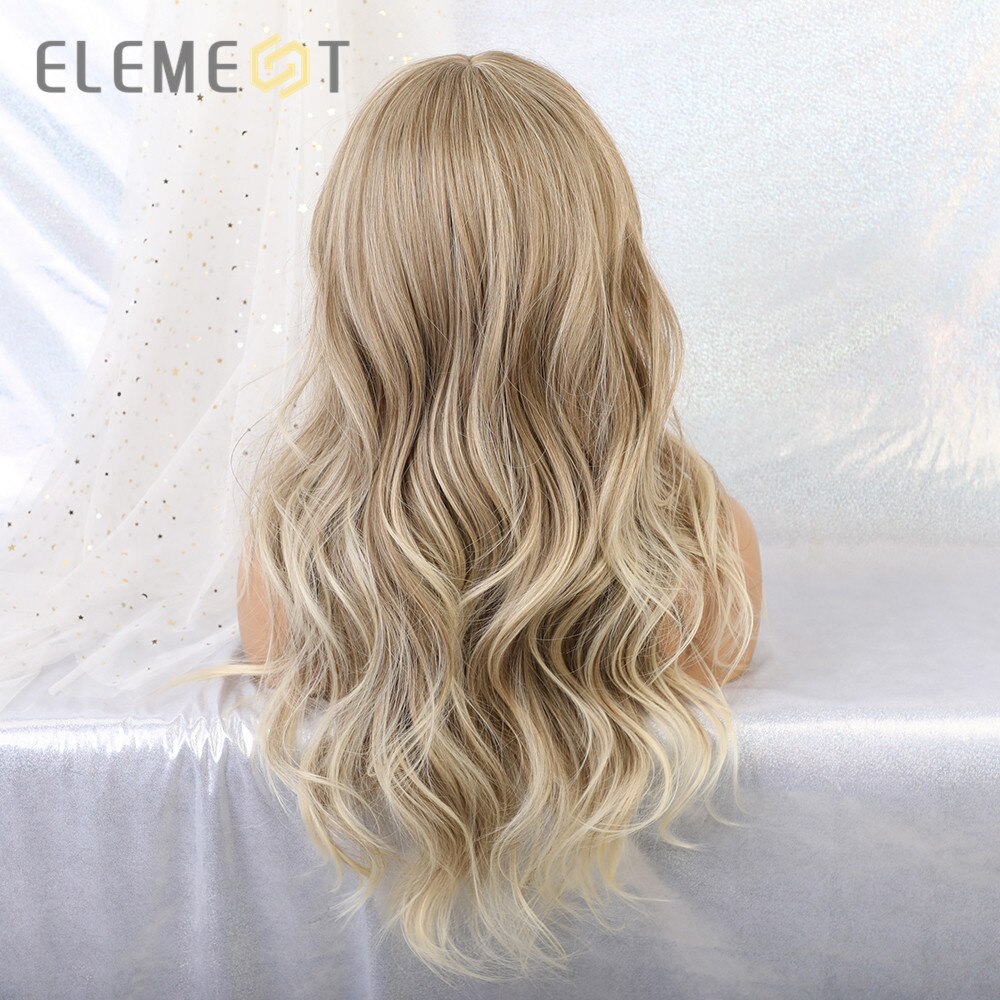 Peluca rubia larga de color marrón con ondas naturales sintéticas y flequillo para fiestas o uso diario