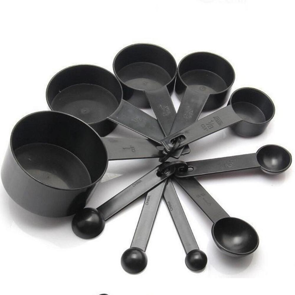 10 Uds. Cucharas de plástico negro para medir de cocina, cucharada de azúcar para café, tartas, hornear, harina, tazas medidoras, utensilios de cocina