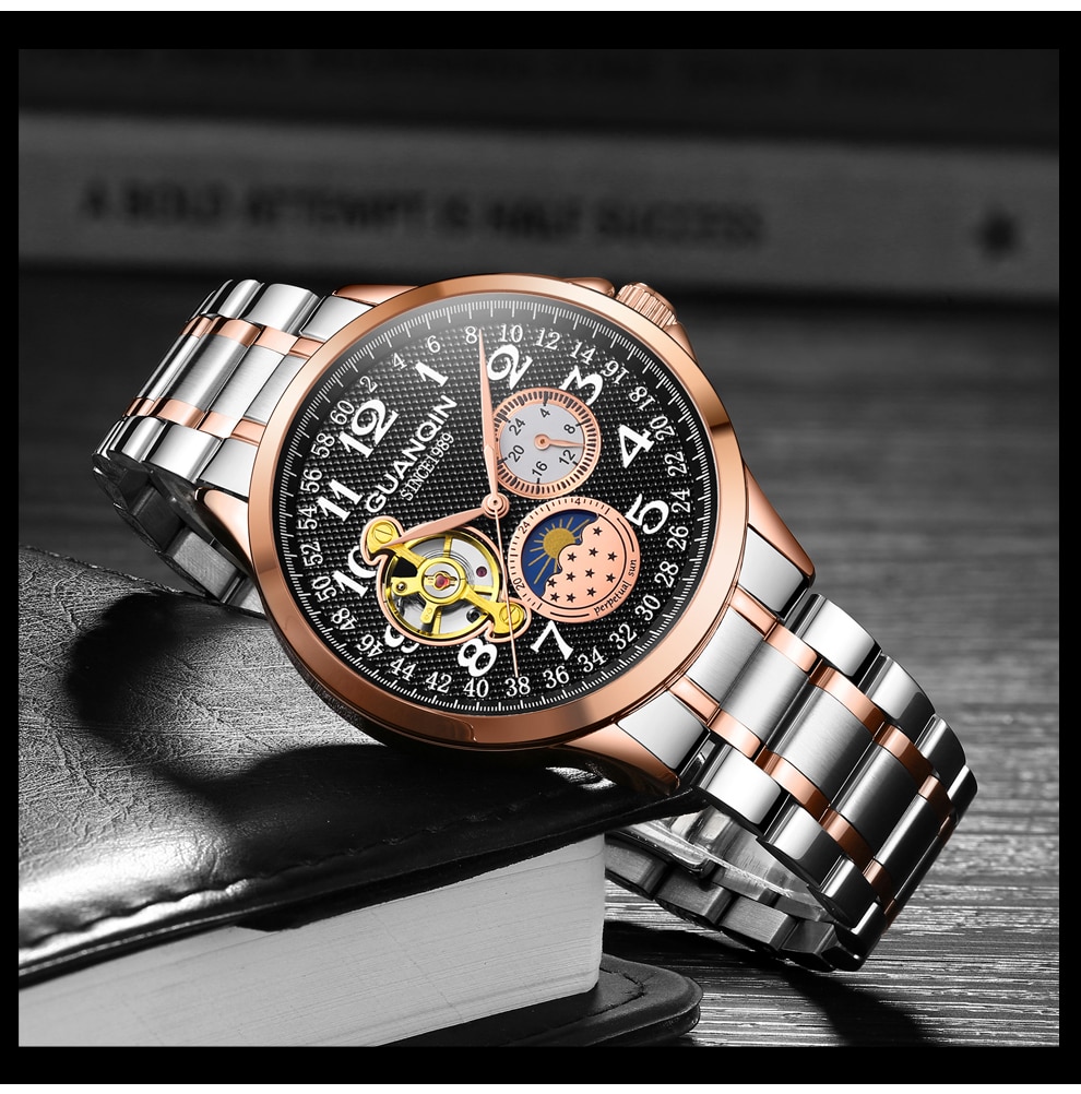 Guanqin Heren Horloges Top Brand Luxe Skeleton Lederen Sport Tourbillon Automatische Mechanische Horloges