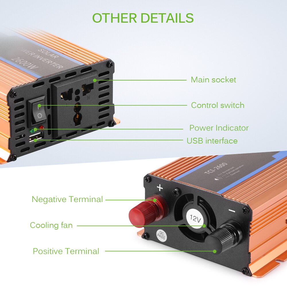 Auton invertteri 2600 w dc 12 v -  ac 220 v tehoinvertteri laturi muunnin käänteisen napaisuuden suoja ajoneuvon virtalähteen kytkin