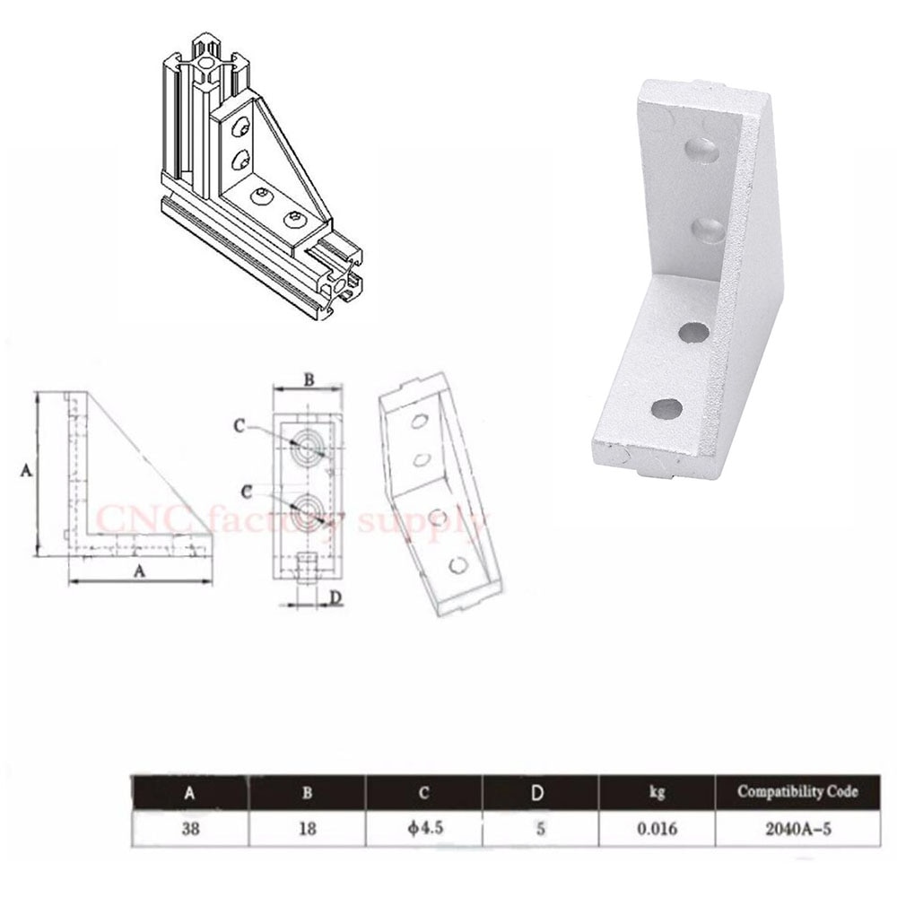 5pcs/lot 2040 Corner Fitting Angle Aluminum 20 x 40 L Connector Bracket Fastener Match Use 2040 Industrial Aluminum Profile