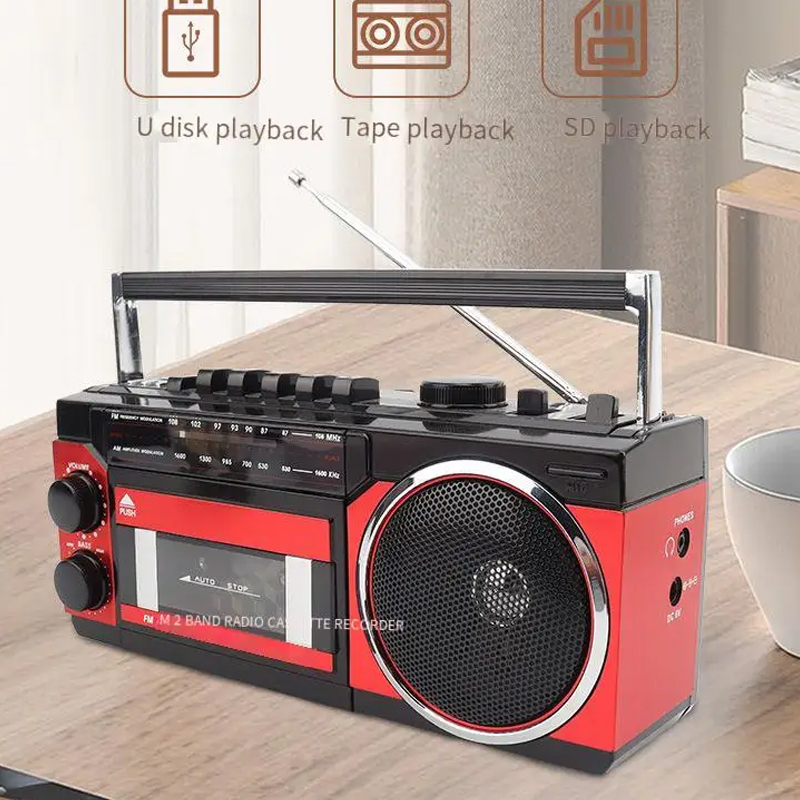Desktop Retro Cassette Recorder Player With Am Fm Sw Portable Radio Auto Stop Tape Player With Usb/TF Card: Red