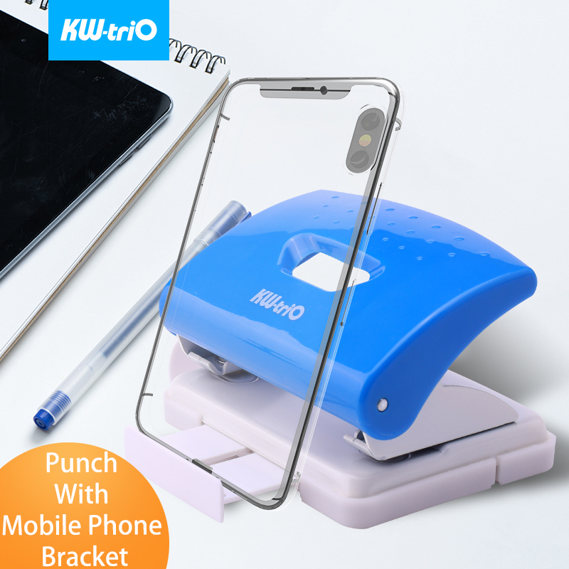 2-Hole DIY Paper Puncher Handheld Hole Puncher Double Hole Loose-Leaf Notebook Paper Punch with Mobile Phone Bracket Attached