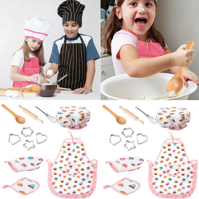 11PCs/Set Kids Cooking And Baking Set Kitchen Deluxe Chef Set Costume Pretend Role Play Kit Apron Hat Suit Bakeware Sets