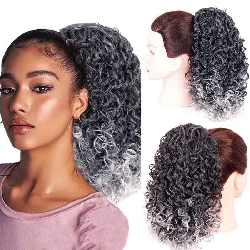LISI GIRL Synthetic 12-inch Curly Drawstring Ponytail Natural Heat-resistant Fiber Weird Wig Ponytail Wearing Two Clips: T1B-yinhui