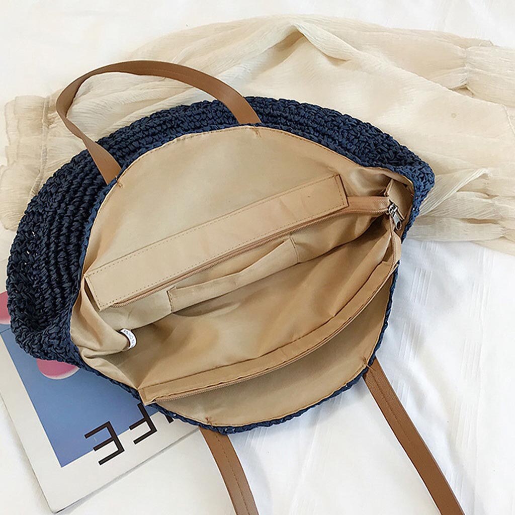 Round Straw Beach Bag Vintage Handmade Woven Shoulder Bag Raffia circle Rattan bags Bohemian Summer Vacation Casual Bags #H25