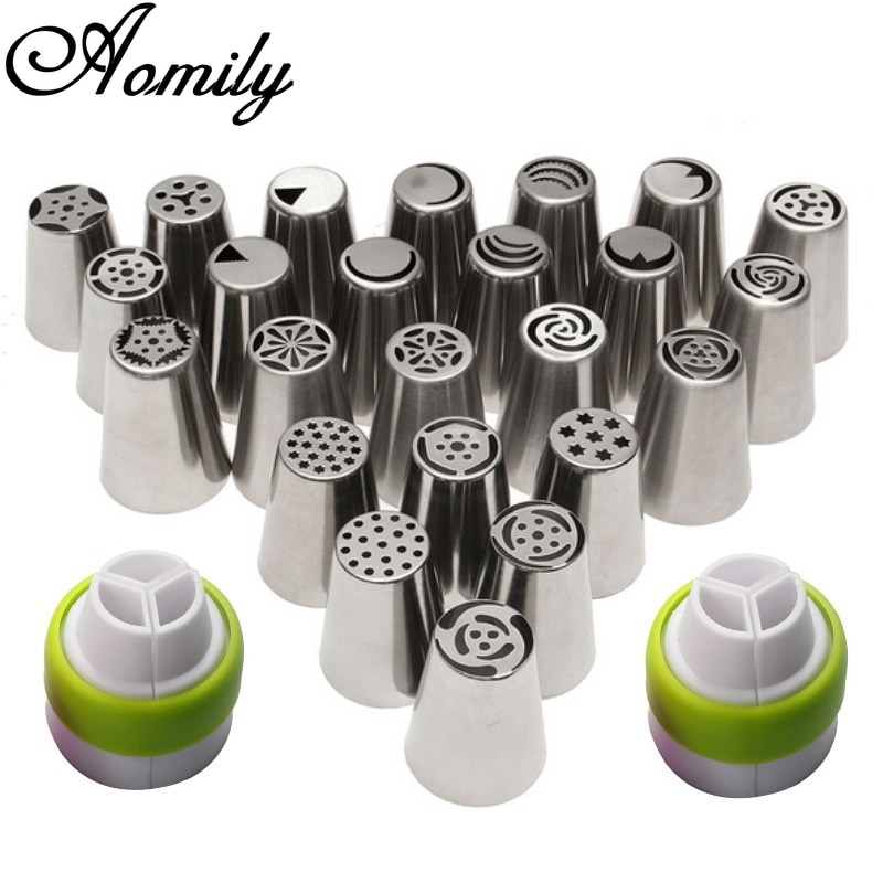 Amoliy 24Pcs Russische Pastry Icing Piping Nozzles Rvs Decorating Tip Cake Cupcake Accessoires Met 2 Stuks Converter