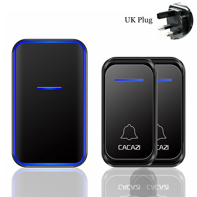 CACAZI Draadloze Deurbel Waterdicht 300M Remote 1 2 Knop 1 2 Ontvanger US EU UK Plug Smart Home Welkom bellen Deurbel: black 2x1 UK