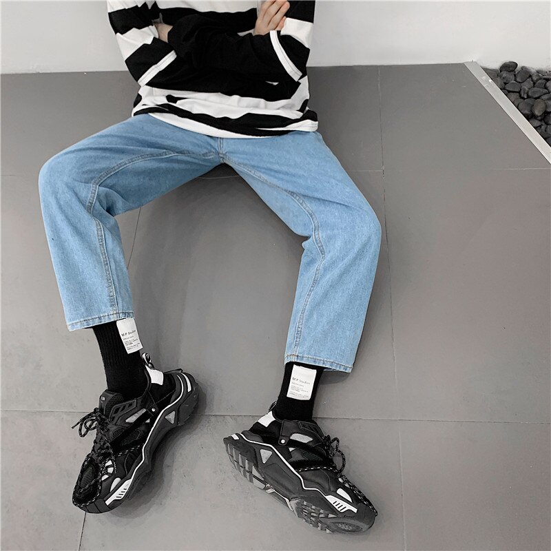 Mænd jeans solid all-match fritid streetwear ankellange lige bukser herre koreansk stil plus størrelse 3xl harajuku ulzzang: Lyseblå / Xl