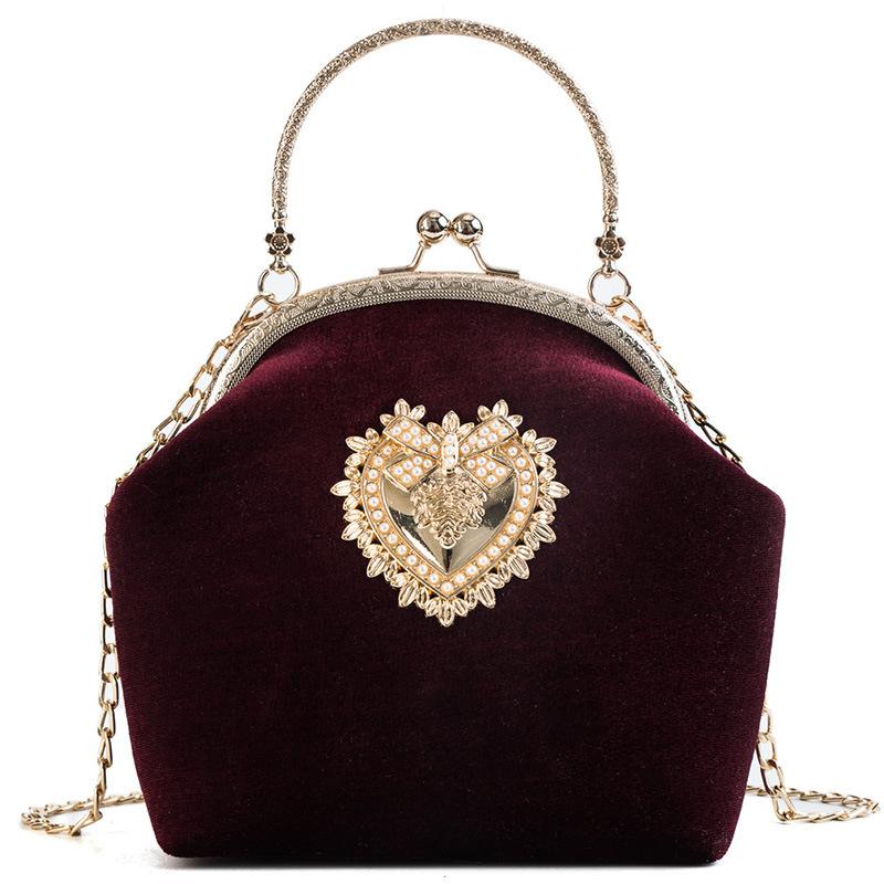 Kvindelig fløjl perle håndtaske vintage velour hjerte aftentaske bryllupsfest brud clutch velour taske pung: Rød
