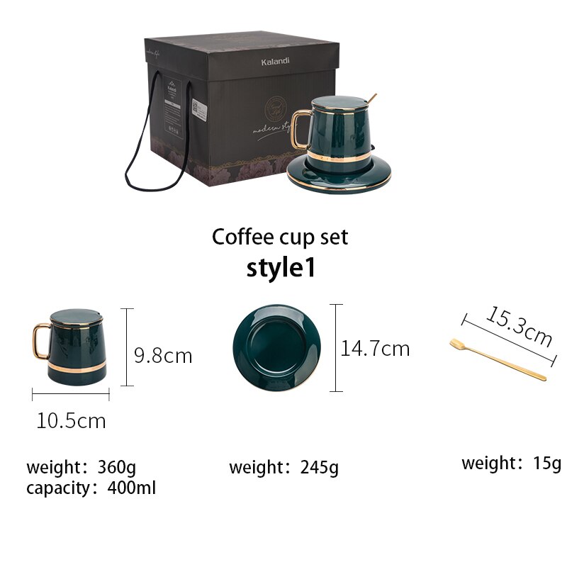 Juegos de tazas de café verde, con esterilla y cucharas, tapa de Taza de cerámica, juegos de cubiertos de leche para el desayuno, caja de para cumpleaños de San Valentín: coffee cup set 1