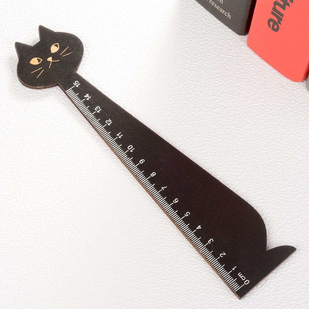 Regla de 15cm con forma de gato, regla recta de animales de madera, para útiles escolares para niños, papelería, negro, amarillo, 1 ud.: Black