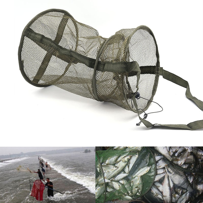 Network Fold Landing Net Portable Dark green Fishing Net Round Folding Fish Shrimp Mesh Cage Cast Net Fishing Trap